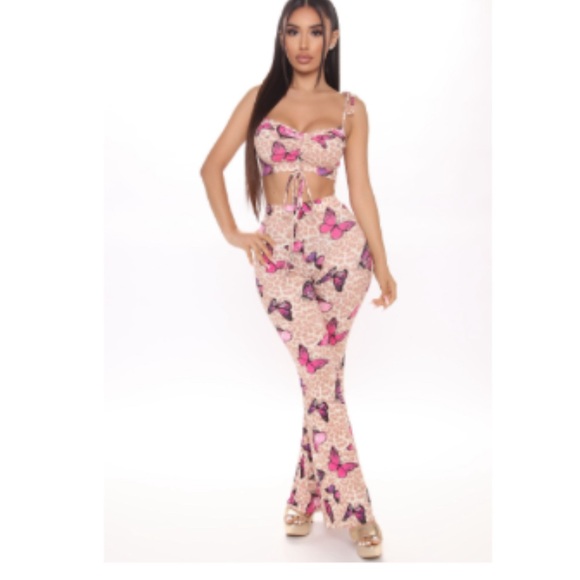 Fashion Nova Tops - Lysandra Butterfly Wide Leg Pant Set - Pink/combo
